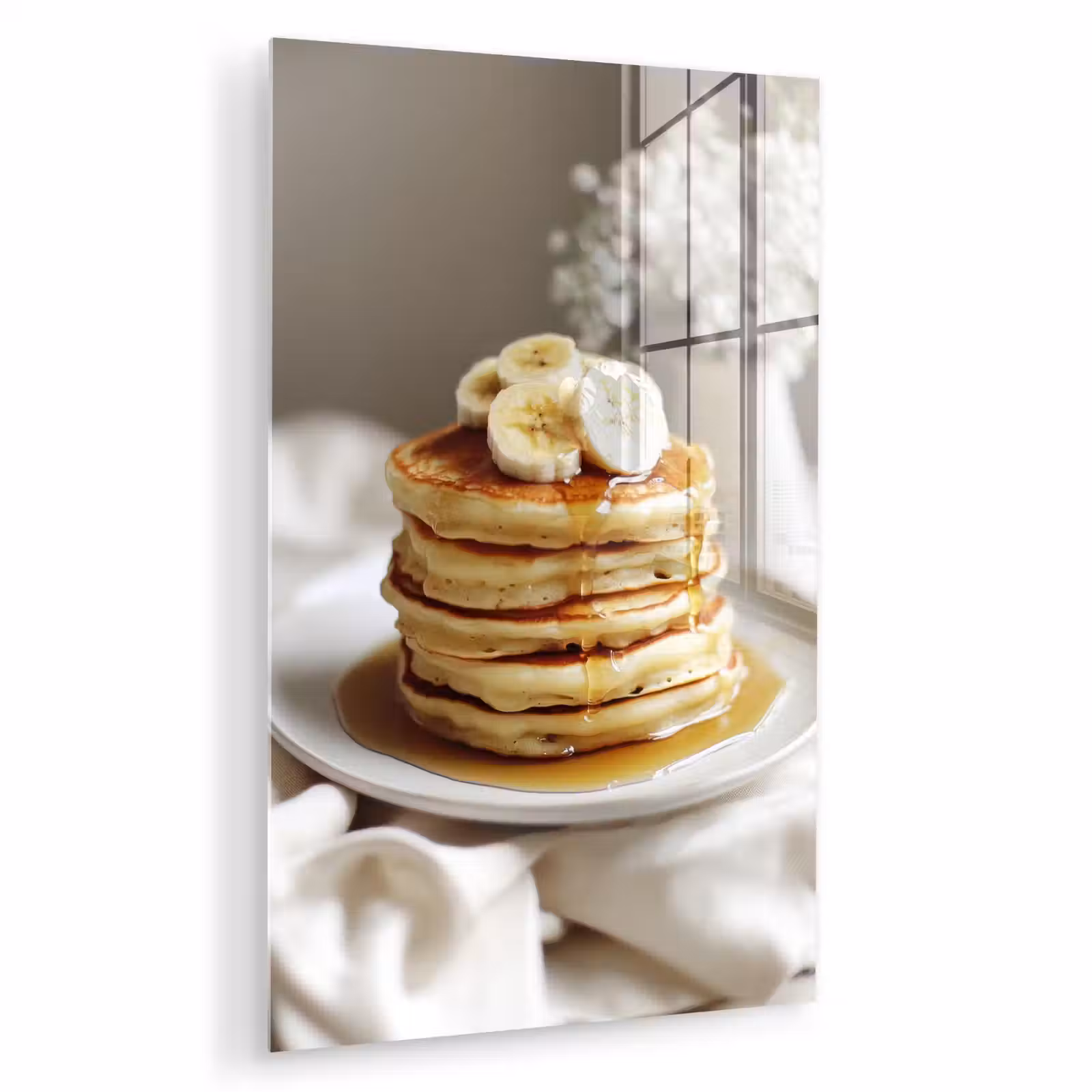 Glas schilderij - Pannenkoeken - Banaan - Siroop - Wit - Beige — 1