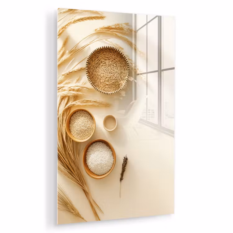 Glas schilderij - Granen - Hout - Kom - Beige — 1
