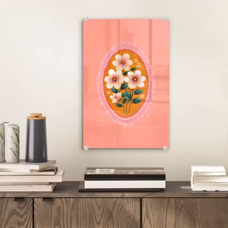 Glas schilderij - Illustratie - Bloemen - Rand - Roze — 2