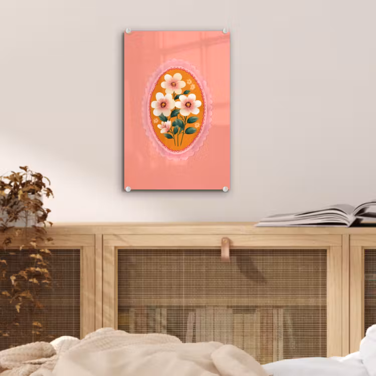 Glas schilderij - Illustratie - Bloemen - Rand - Roze — 5