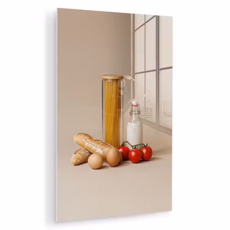 Glas schilderij - Spaghetti - Melk - Tomaten - Eieren - Brood — 1