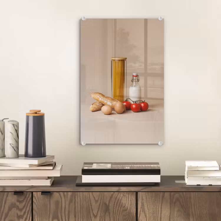 Glas schilderij - Spaghetti - Melk - Tomaten - Eieren - Brood — 2