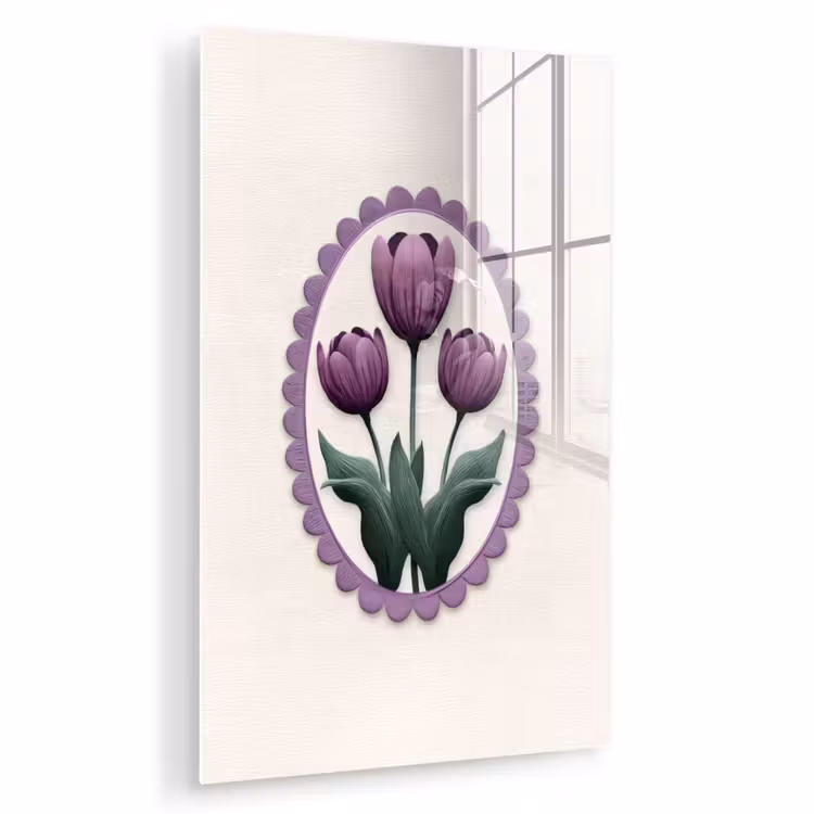 Glas schilderij - Tulpen - Paars - Lijst - Bladeren — 1
