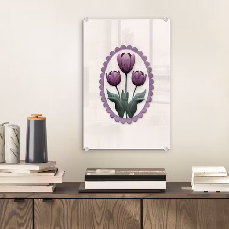 Glas schilderij - Tulpen - Paars - Lijst - Bladeren — 2