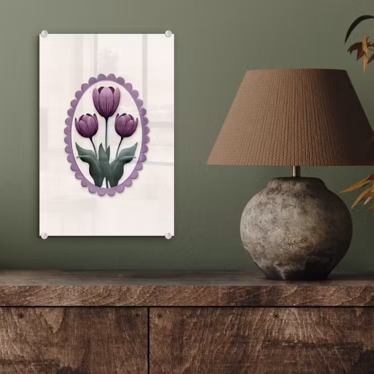 Glas schilderij - Tulpen - Paars - Lijst - Bladeren — 4