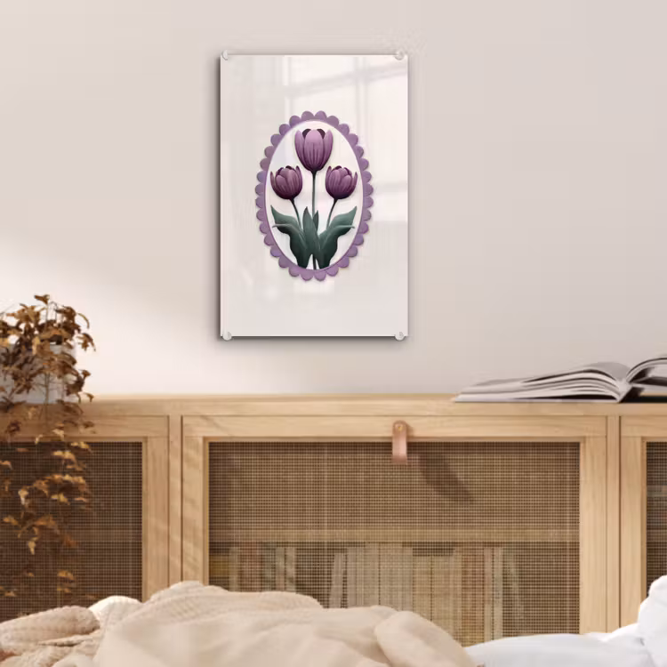 Glas schilderij - Tulpen - Paars - Lijst - Bladeren — 5