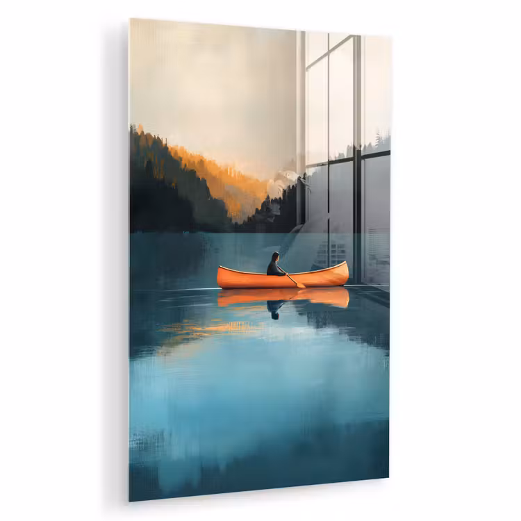 Glas schilderij - Bossen - Meer - Kano - Oranje — 1