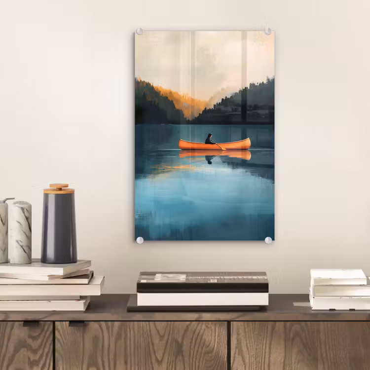 Glas schilderij - Bossen - Meer - Kano - Oranje — 2