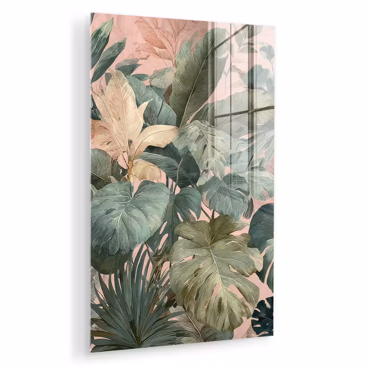 Glas schilderij - Compositie van bladeren - Groen - Roze — 1