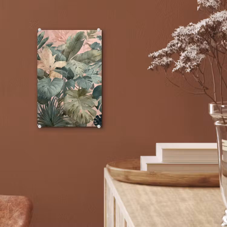 Glas schilderij - Compositie van bladeren - Groen - Roze — 6