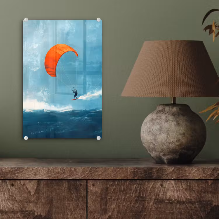 Glas schilderij - Kitesurfer - Oranje - Zee - Lucht — 4