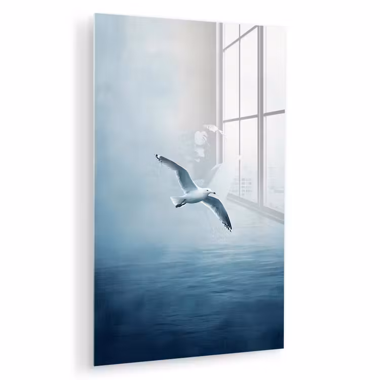 Glas schilderij - Meeuw - Wit - Zee - Mistig — 1
