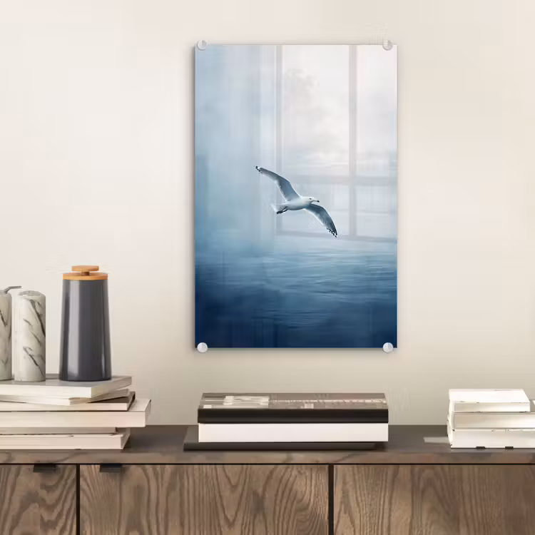 Glas schilderij - Meeuw - Wit - Zee - Mistig — 2