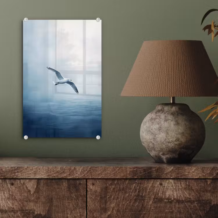 Glas schilderij - Meeuw - Wit - Zee - Mistig — 4