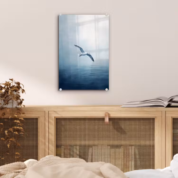 Glas schilderij - Meeuw - Wit - Zee - Mistig — 5