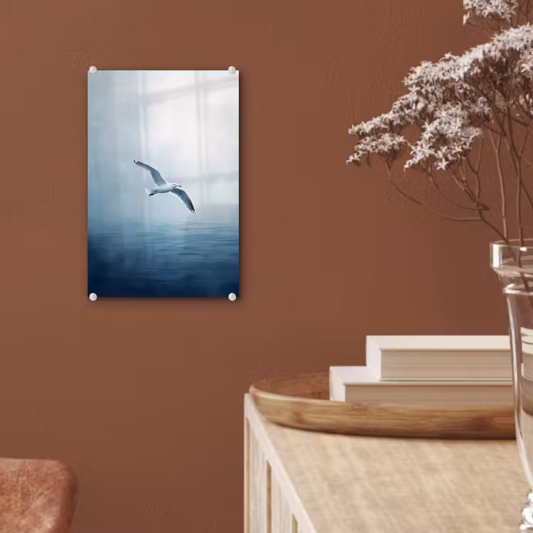 Glas schilderij - Meeuw - Wit - Zee - Mistig — 6