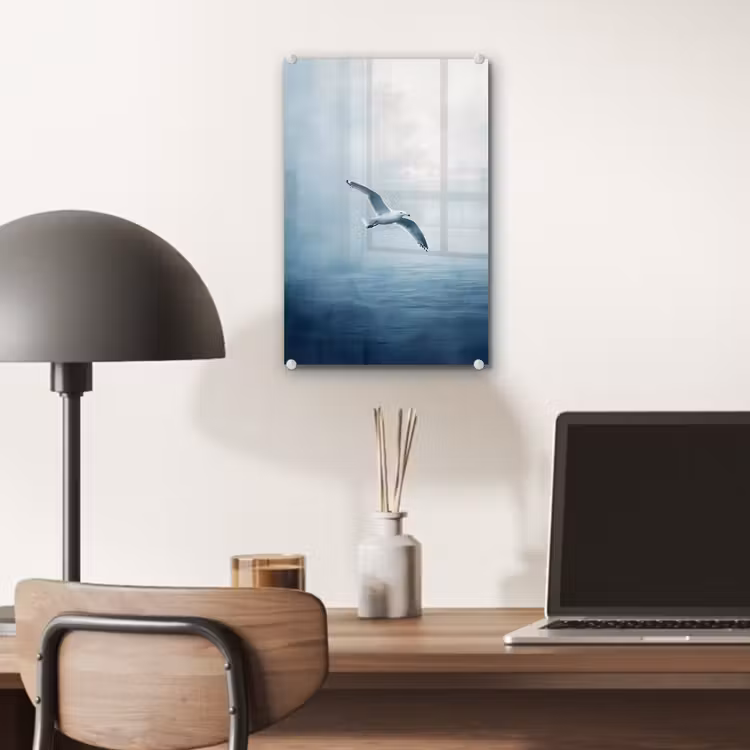 Glas schilderij - Meeuw - Wit - Zee - Mistig — 7