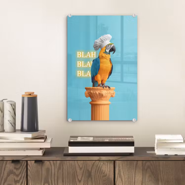 Glas schilderij - Papegaai - Koksmuts - Quote - Neon — 2
