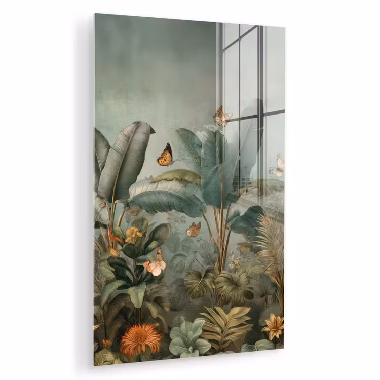 Glas schilderij - Tropisch bladerdek - Vlinders - groen - Bruin — 1