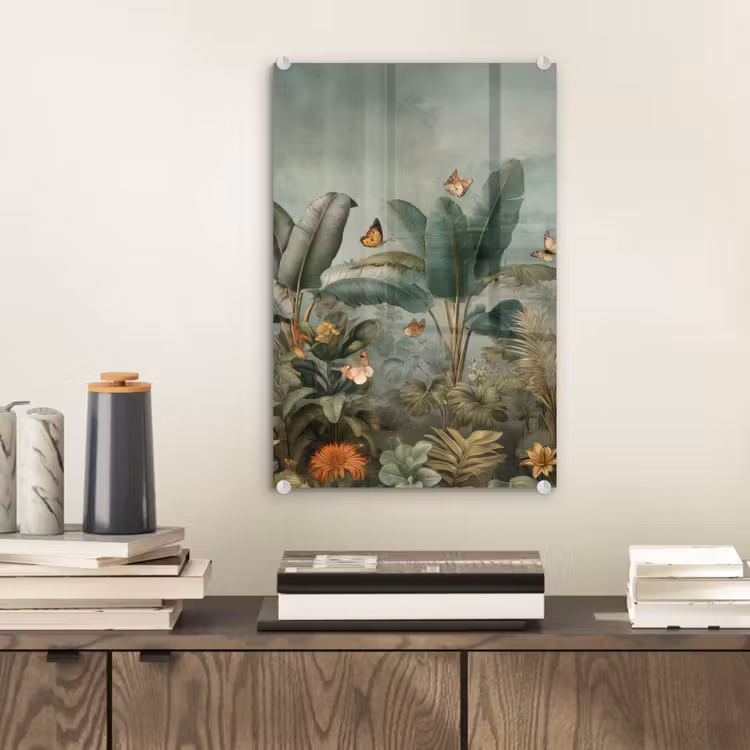 Glas schilderij - Tropisch bladerdek - Vlinders - groen - Bruin — 2