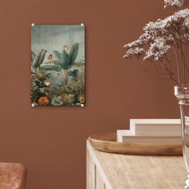 Glas schilderij - Tropisch bladerdek - Vlinders - groen - Bruin — 6