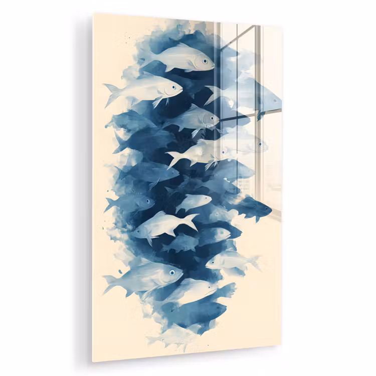 Glas schilderij - Vissen - Minimalistisch - Blauw — 1