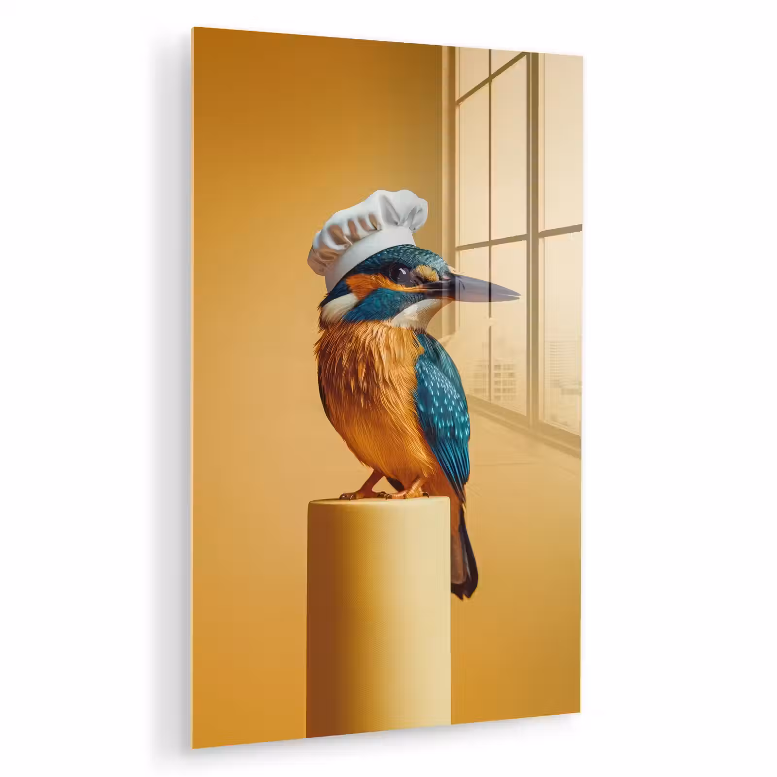 Glas schilderij - Ijsvogel - Pilaar - Koksmuts - Vogel — 1