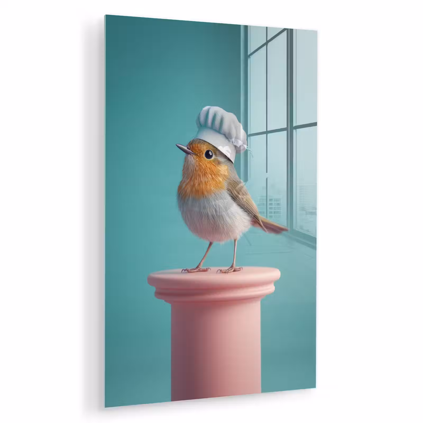 Glas schilderij - Roodborstje - Vogel - Koksmuts - Sokkel — 1