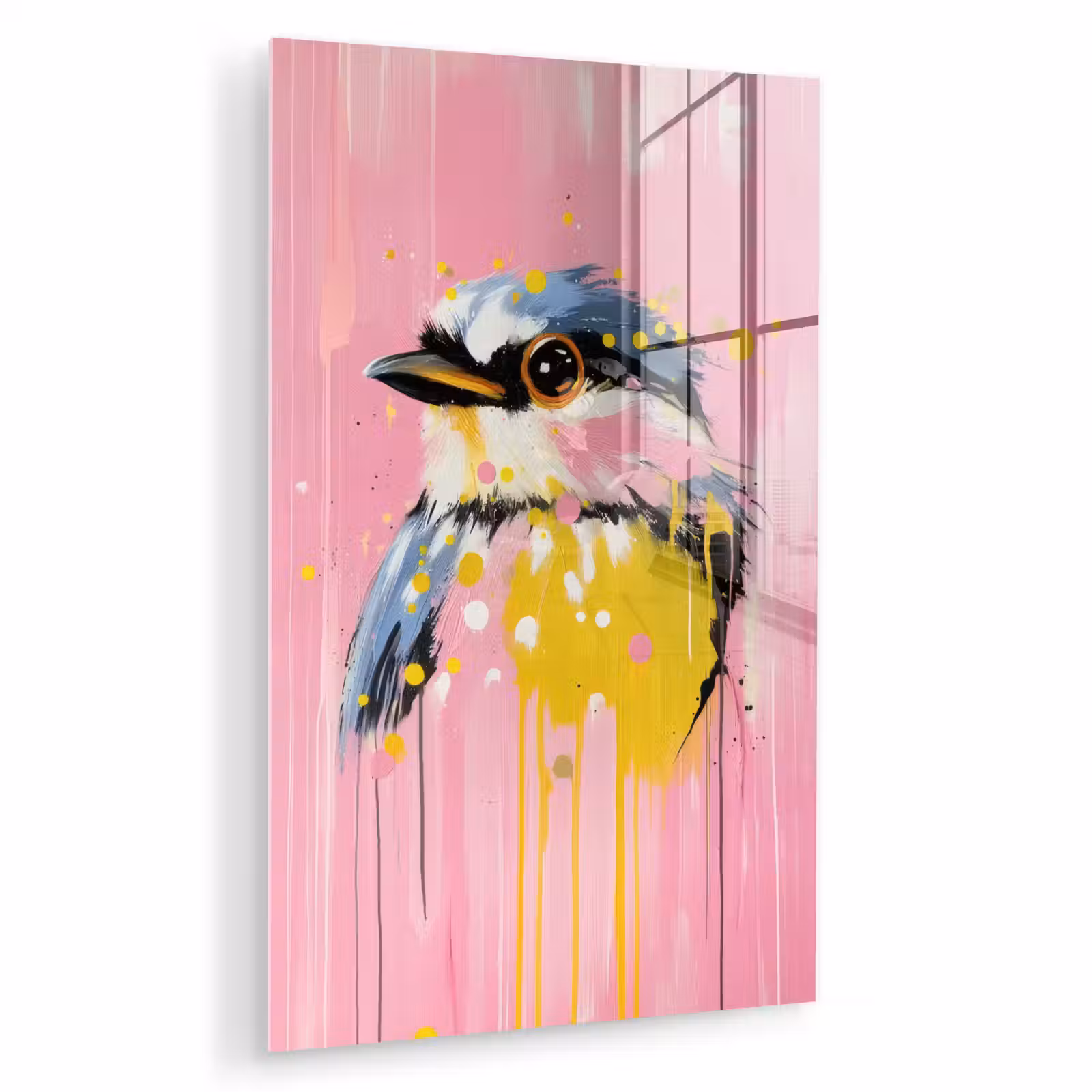 Glas schilderij - Vogel - Roze - Geel - Blauw — 1