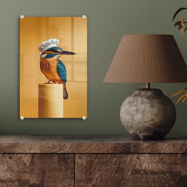 Glas schilderij - Ijsvogel - Pilaar - Koksmuts - Vogel — 4