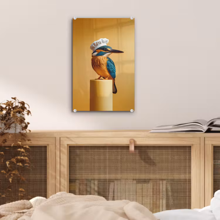 Glas schilderij - Ijsvogel - Pilaar - Koksmuts - Vogel — 5