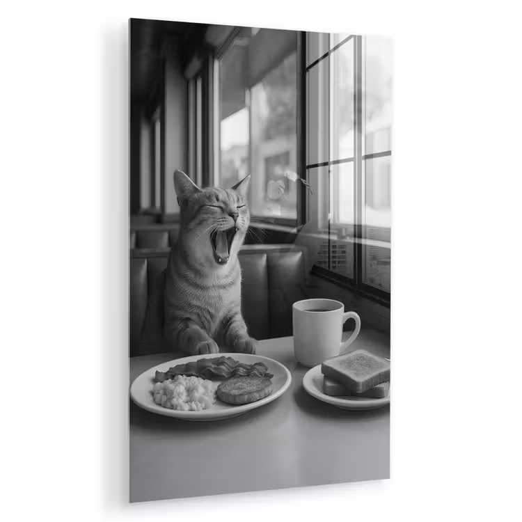 Glas schilderij - Kat - Koffie - Brood - Zwart — 1