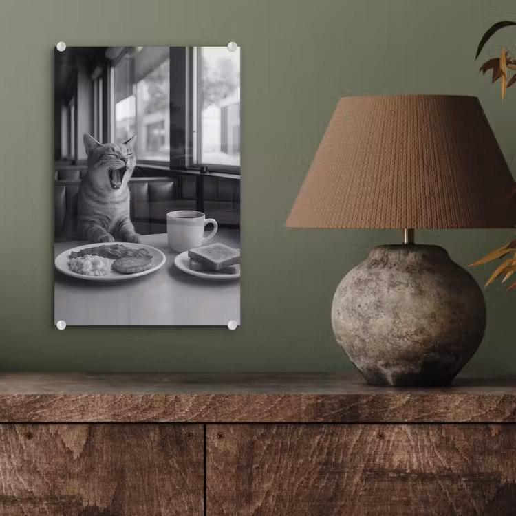 Glas schilderij - Kat - Koffie - Brood - Zwart — 4