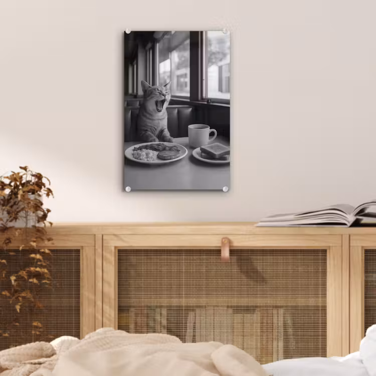 Glas schilderij - Kat - Koffie - Brood - Zwart — 5