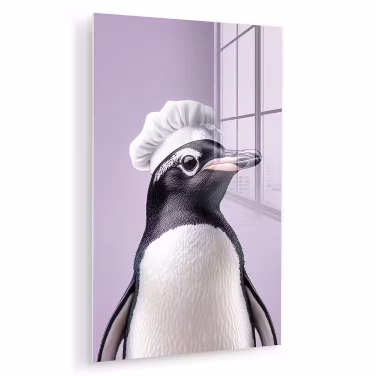 Glas schilderij - Pinguïn - Koksmuts - Lief - Paars — 1