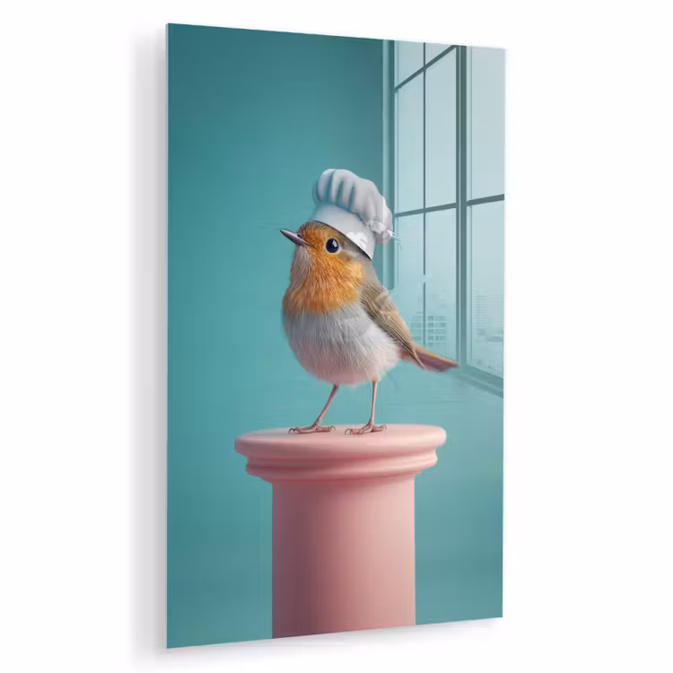 Glas schilderij - Roodborstje - Vogel - Koksmuts - Sokkel — 1