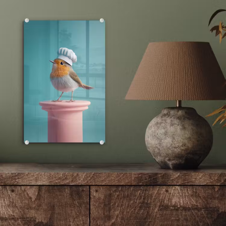 Glas schilderij - Roodborstje - Vogel - Koksmuts - Sokkel — 4