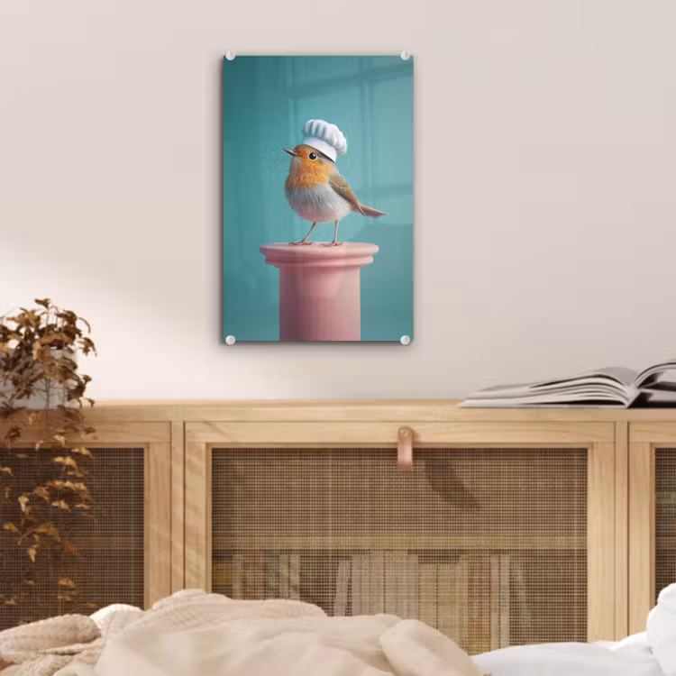 Glas schilderij - Roodborstje - Vogel - Koksmuts - Sokkel — 5