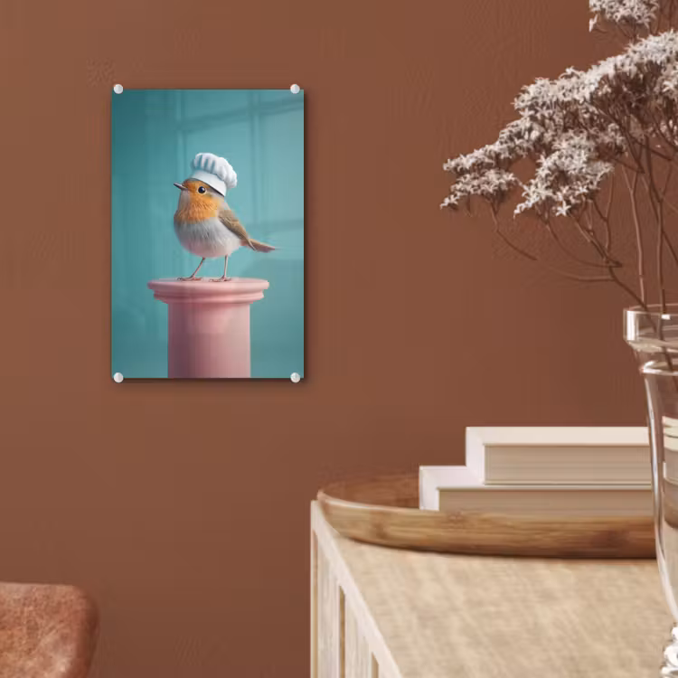 Glas schilderij - Roodborstje - Vogel - Koksmuts - Sokkel — 6