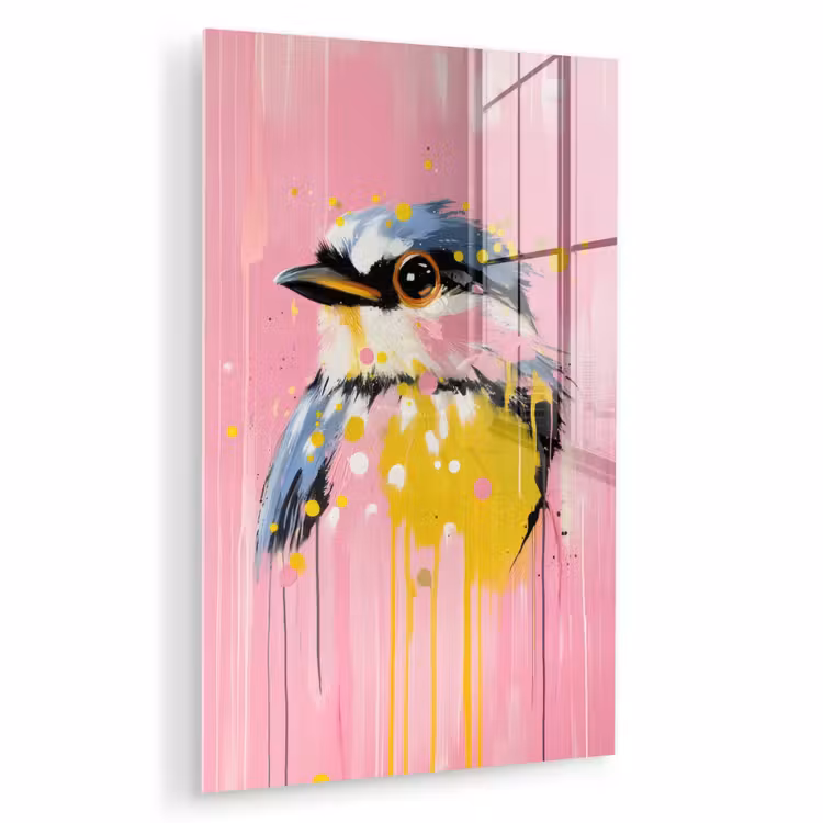 Glas schilderij - Vogel - Roze - Geel - Blauw — 1
