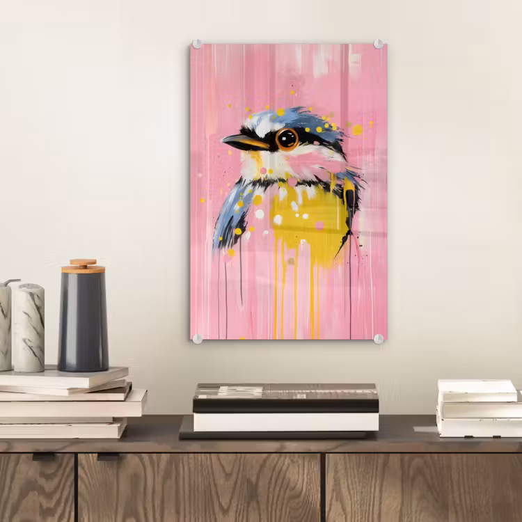 Glas schilderij - Vogel - Roze - Geel - Blauw — 2