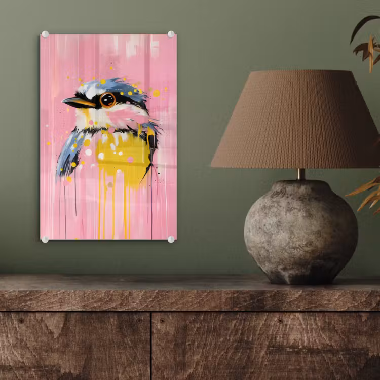 Glas schilderij - Vogel - Roze - Geel - Blauw — 4