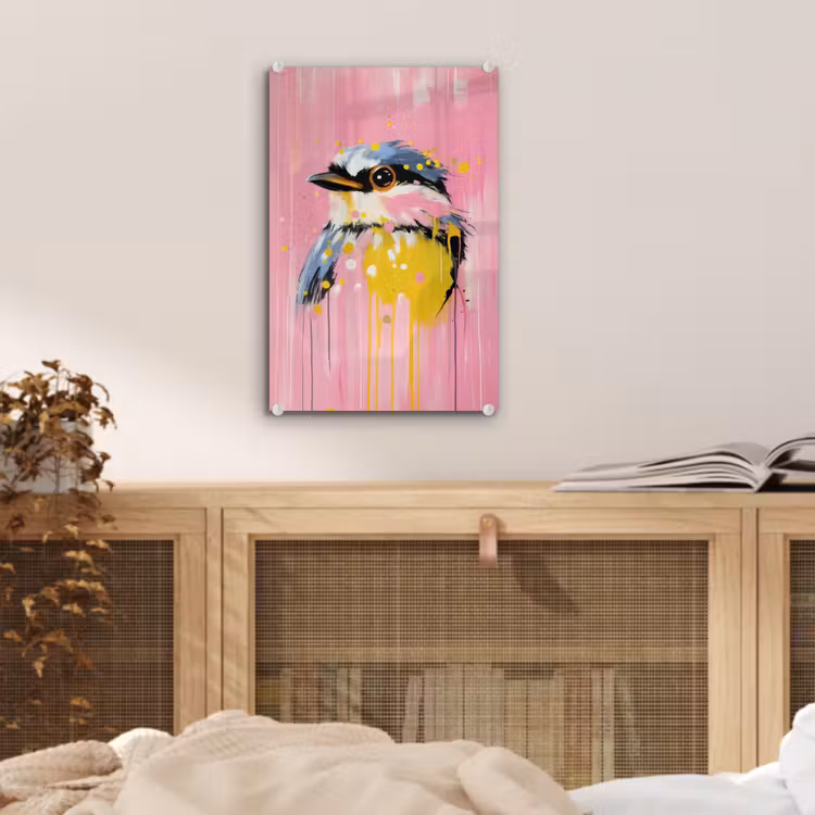 Glas schilderij - Vogel - Roze - Geel - Blauw — 5