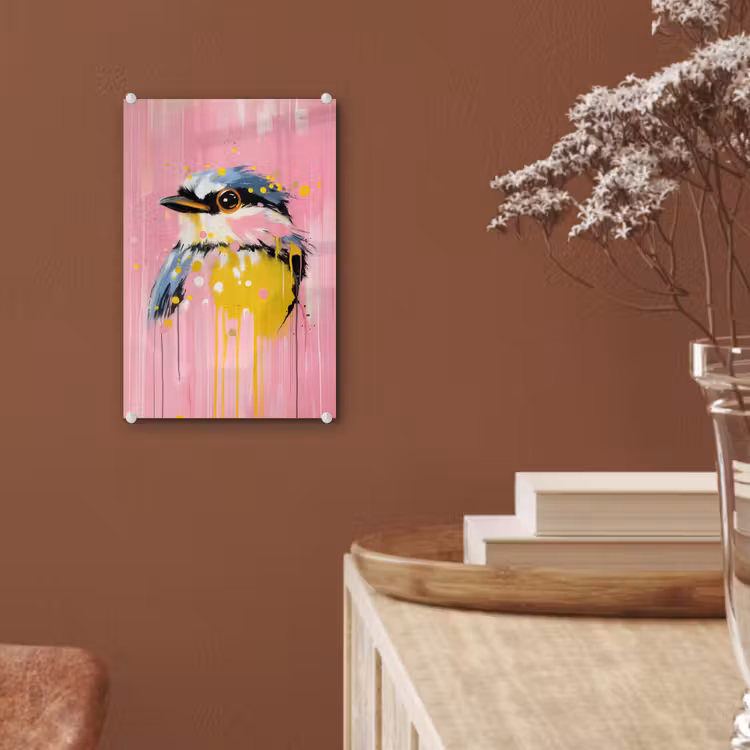 Glas schilderij - Vogel - Roze - Geel - Blauw — 6