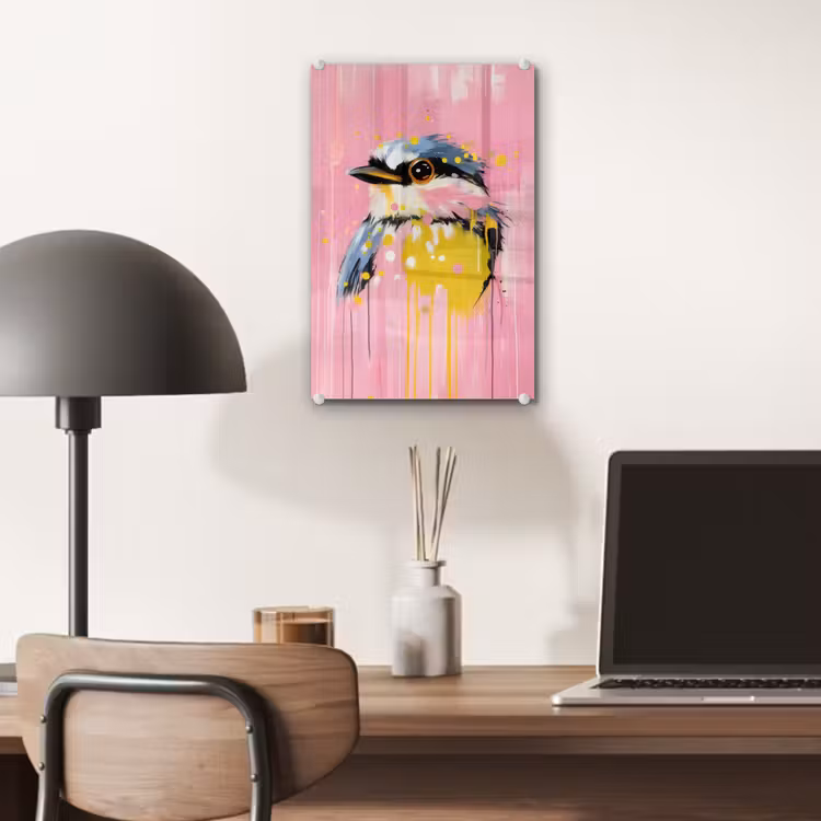 Glas schilderij - Vogel - Roze - Geel - Blauw — 7