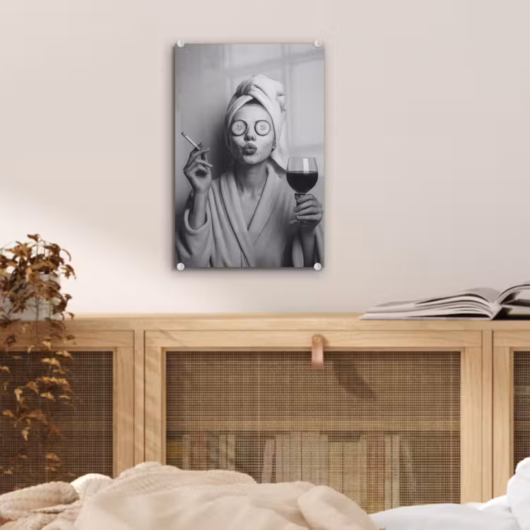 Glas schilderij - Vrouw - Masker - Wijn - Sigaret — 5