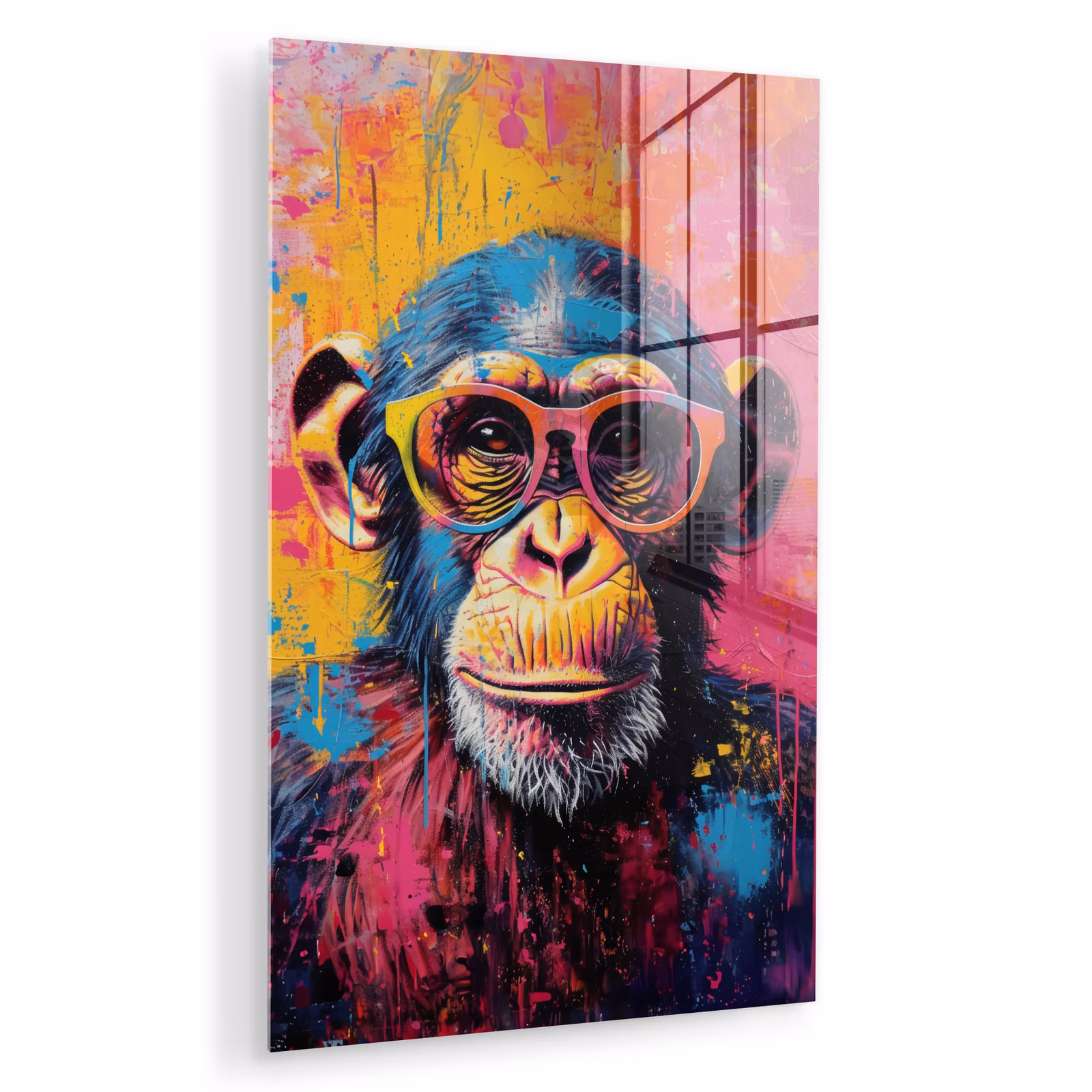 Glas schilderij - Graffiti - Chimpansee - Aap - Bril - Kleurrijk — 1