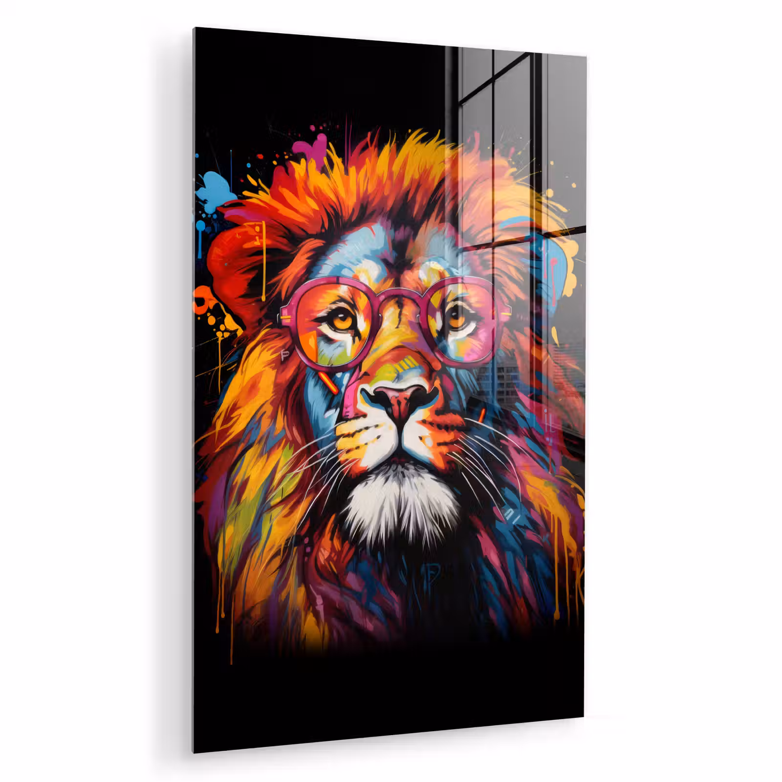 Glas schilderij - Graffiti - Leeuw - Bril - Zwart — 1