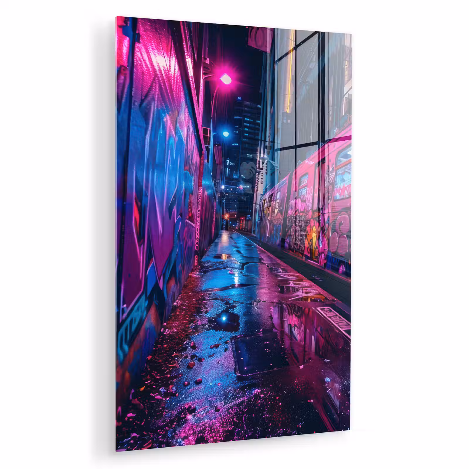 Glas schilderij - Stad - Neon - Nacht - Roze - Graffiti — 1