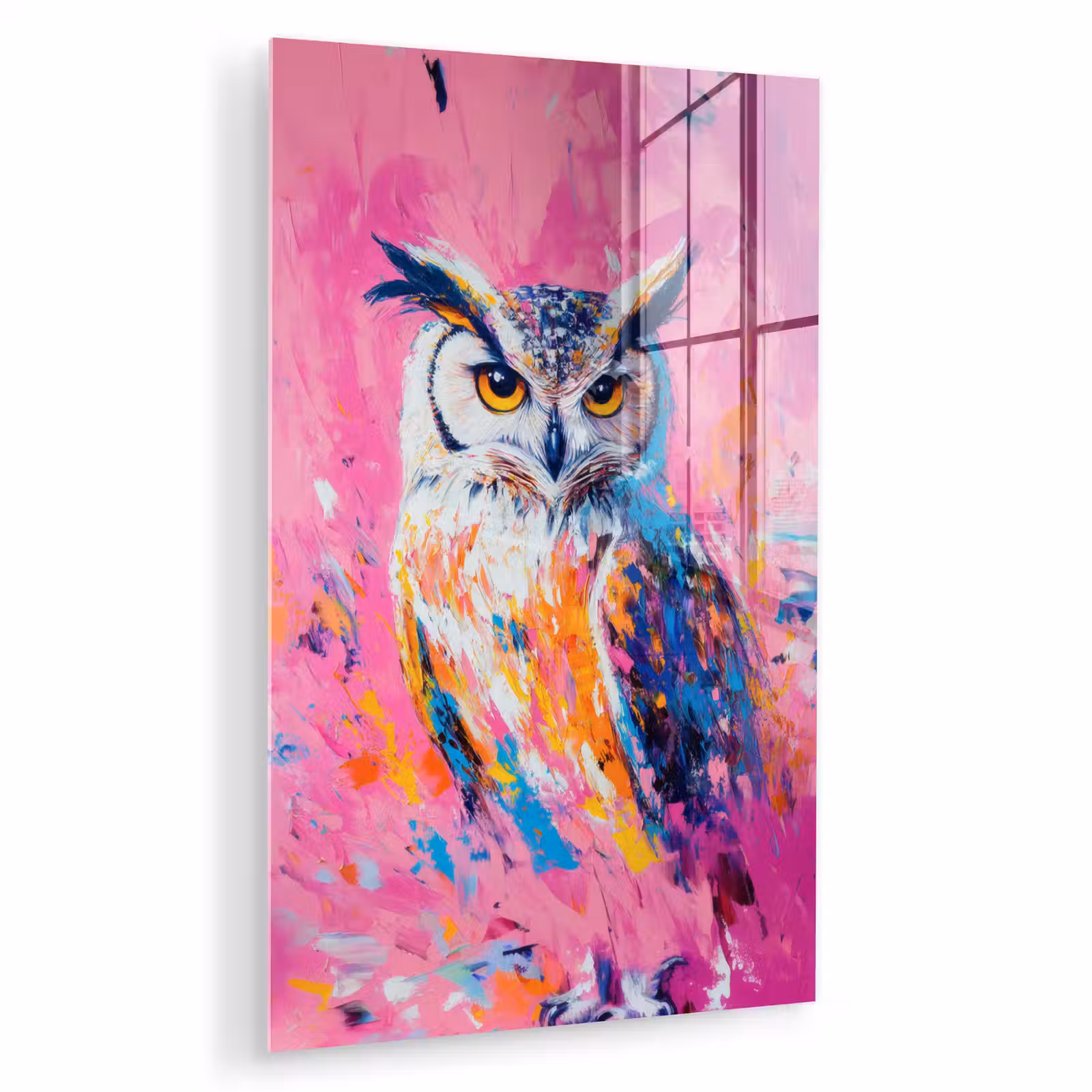 Glas schilderij - Uil - Roze - Blauw - Verf - Abstract — 1